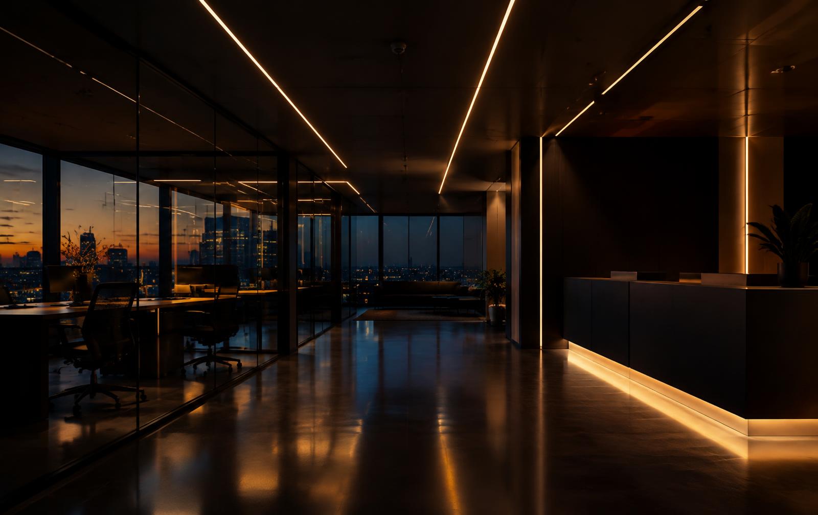Office lit by LED fixtures